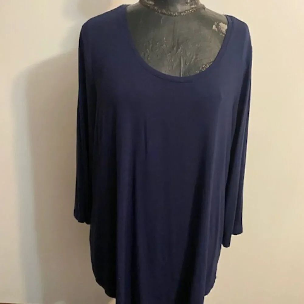 JM Collections Blue 3/4 Sleeves Round Neck Tunic, size 3X
